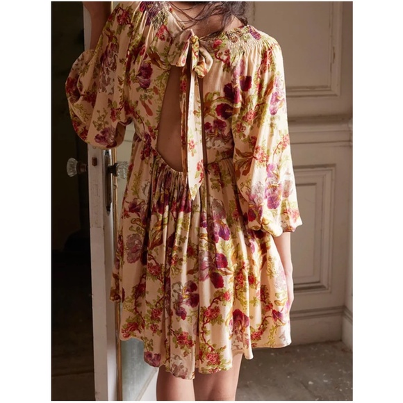 041 Boho Floral Print Backless Neck Tie Mini Dress - Picture 2 of 2